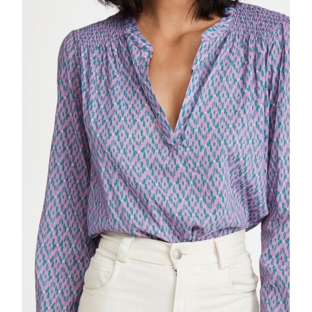 XiRENA Ikat 100% Cotton Blue Purple V Neck Blouse Women's Small Longsleeve